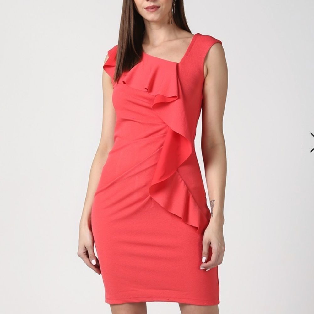 CALVIN KLEIN SLEEVELESS HAZEL WATEEFALL RUFFLE DESIGN ABOVE THE KNEE DRESS